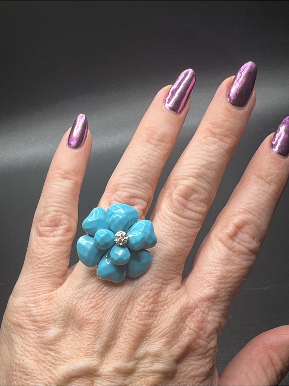 Camille Lucia Turquoise Flower Statement Ring Adjustable Rhinestone Center
